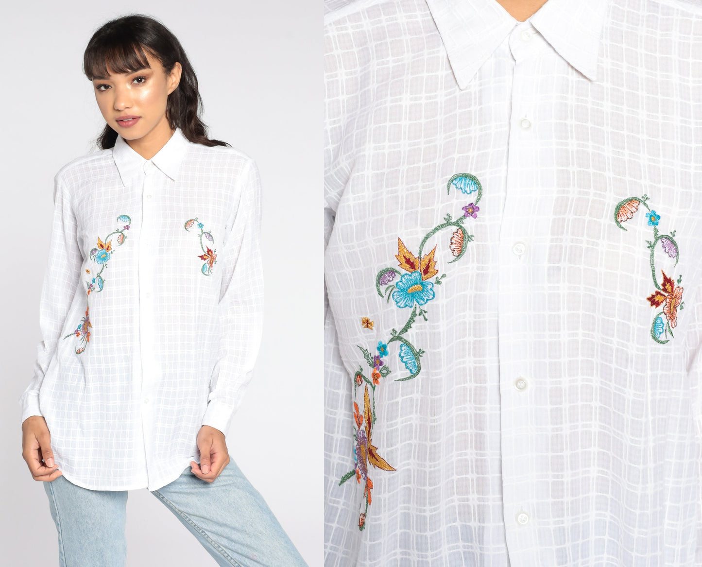 80s White Floral Embroidered Button-Up Blouse Long Sleeve Medium