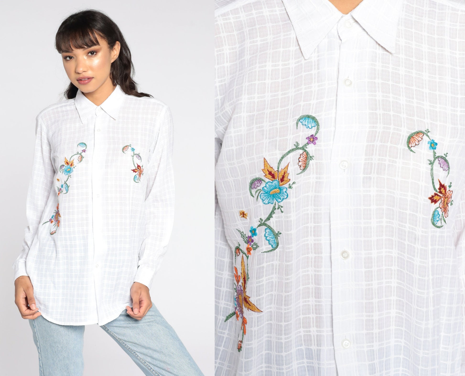 80s White Floral Embroidered Button-Up Blouse Long Sleeve Medium
