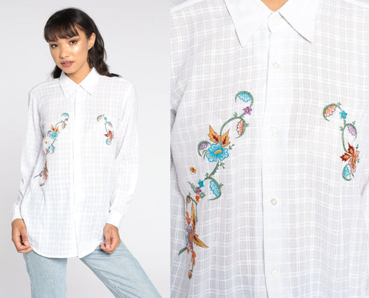 80s White Floral Embroidered Button-Up Blouse Long Sleeve Medium