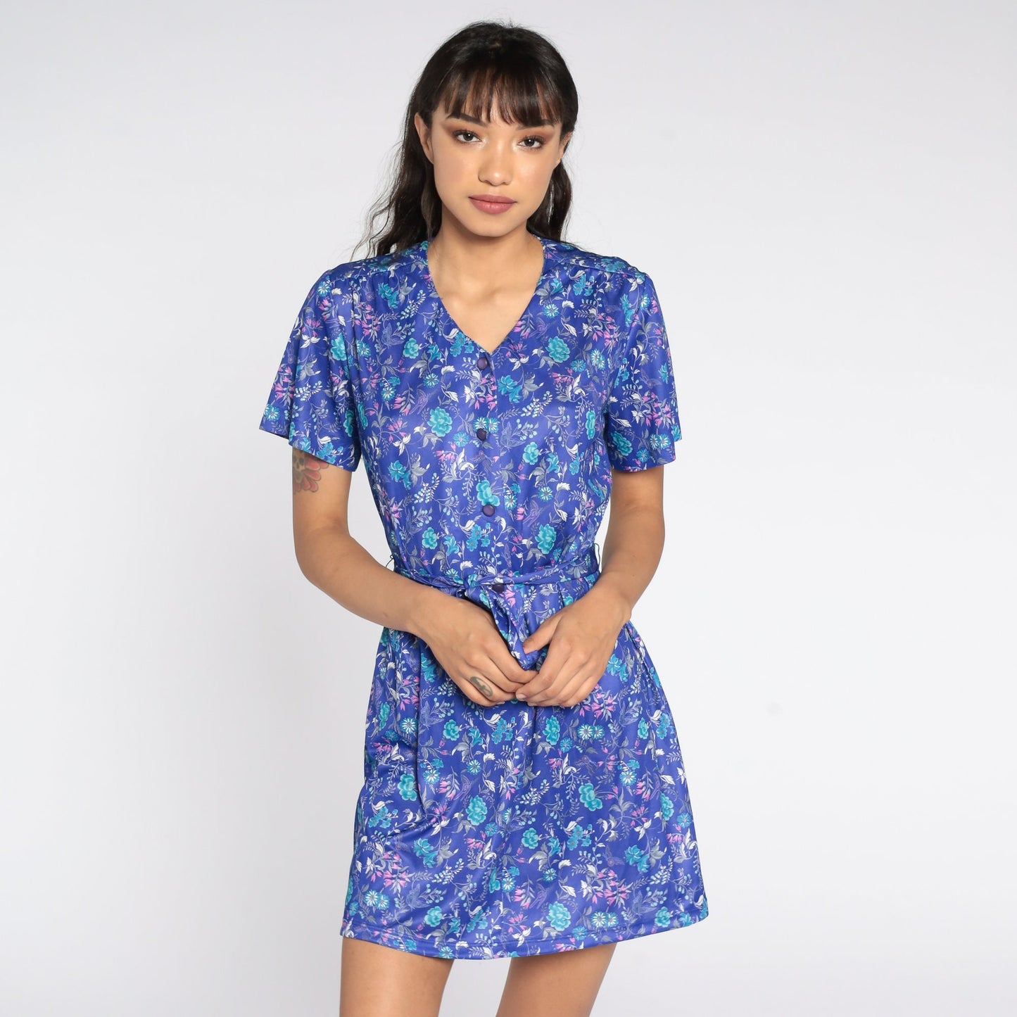 70s Purple Floral Mini Shift Dress Button-Up Short Sleeve Medium