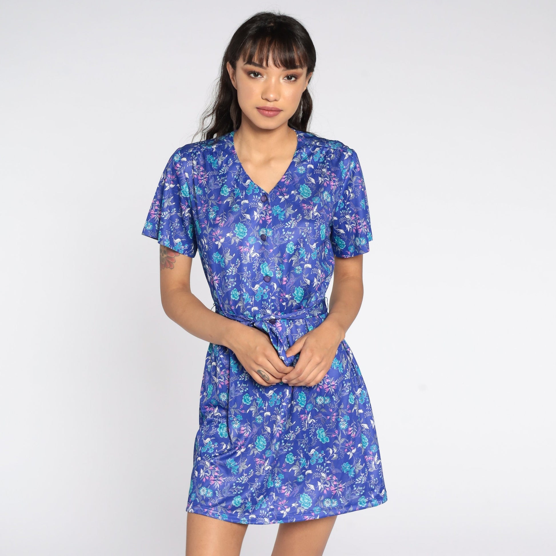 70s Purple Floral Mini Shift Dress Button-Up Short Sleeve Medium