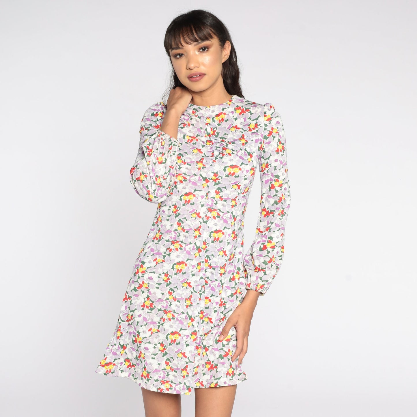 70s Floral Puff Sleeve Mini Shift Dress Multicolor Extra Small