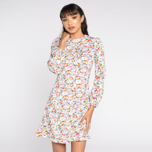 70s Floral Puff Sleeve Mini Shift Dress Multicolor Extra Small