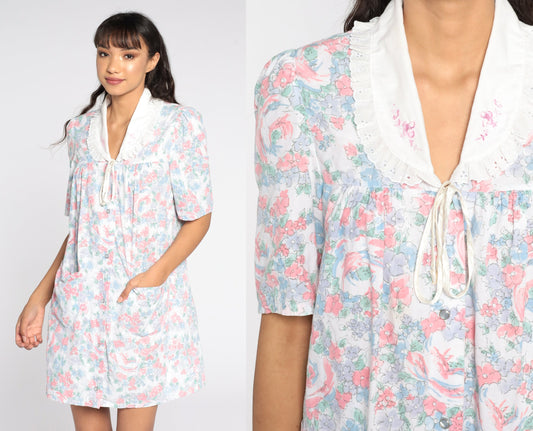 80s Floral Mini Dress Lace Collar Short Sleeve Cotton Small