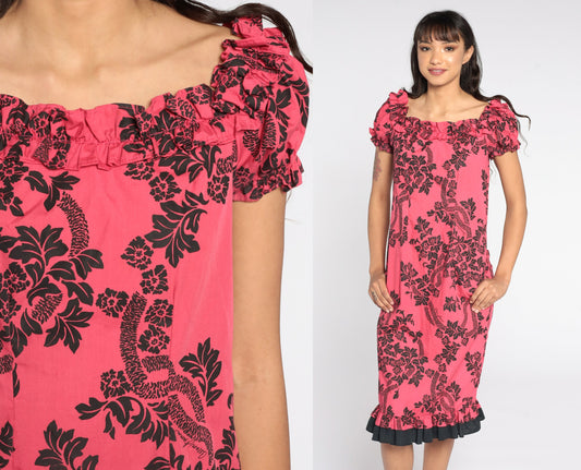 80s Pink Hawaiian Floral Midi Dress Puff Sleeve Shift Small S