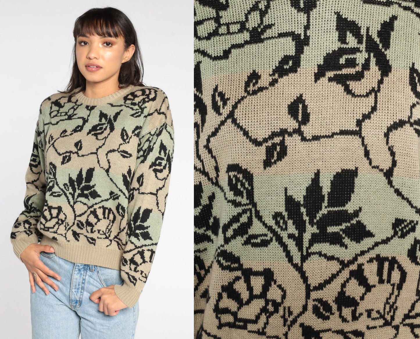 80s Floral Vine Crewneck Sweater Brown Green Pullover Medium