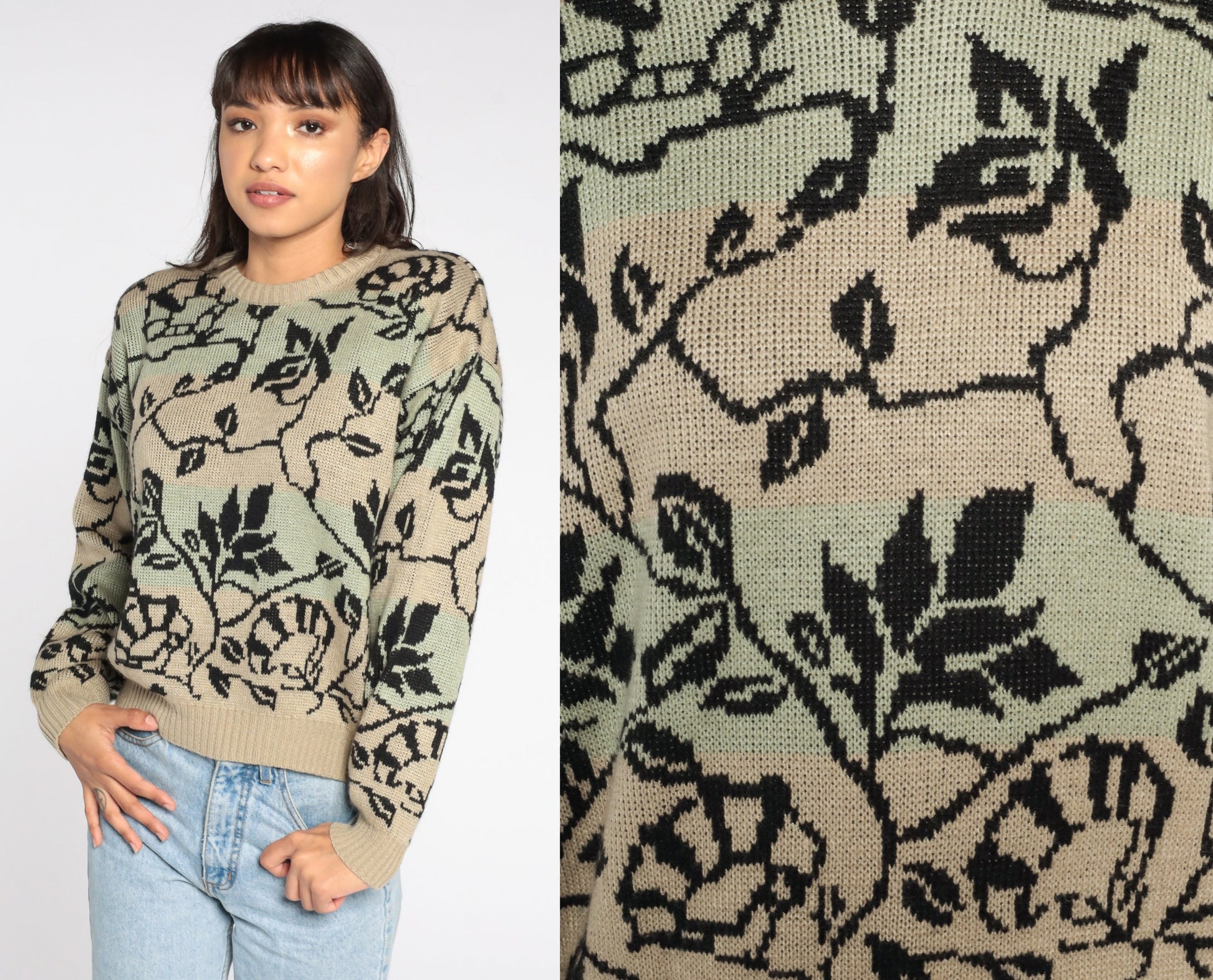 80s Floral Vine Crewneck Sweater Brown Green Pullover Medium