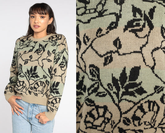 80s Floral Vine Crewneck Sweater Brown Green Pullover Medium