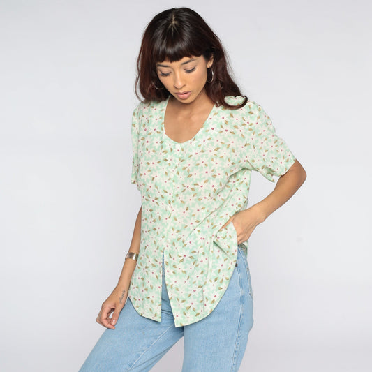 90s Green Floral Button-Up Shirt Short Sleeve Blouse Medium Large