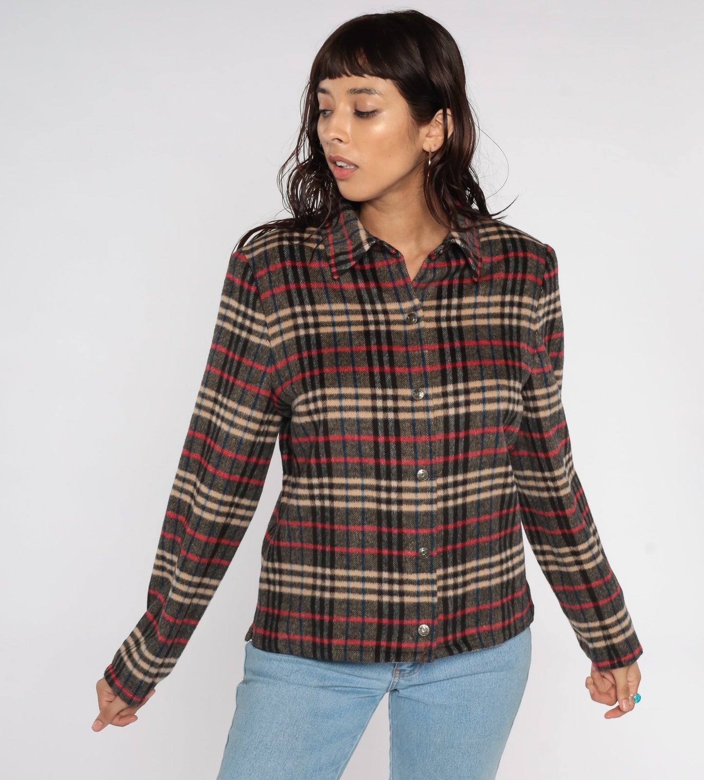 90s Evan Picone Plaid Wool Jacket Red Grey Button Up Medium