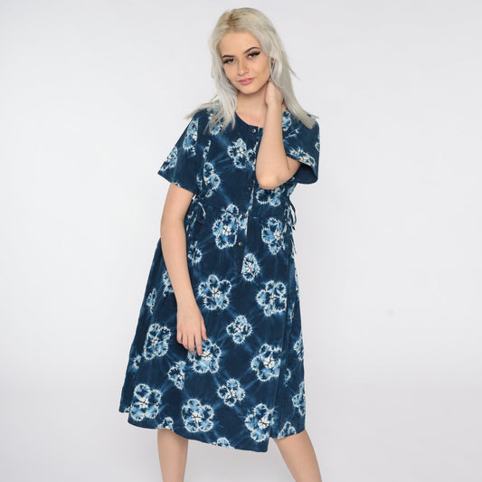 90s Tie Dye Midi Dress Blue Floral Empire Waist Button Front Cotton Medium