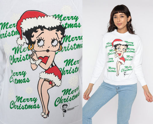 90s Betty Boop Merry Christmas Sweatshirt White Graphic Crewneck Small