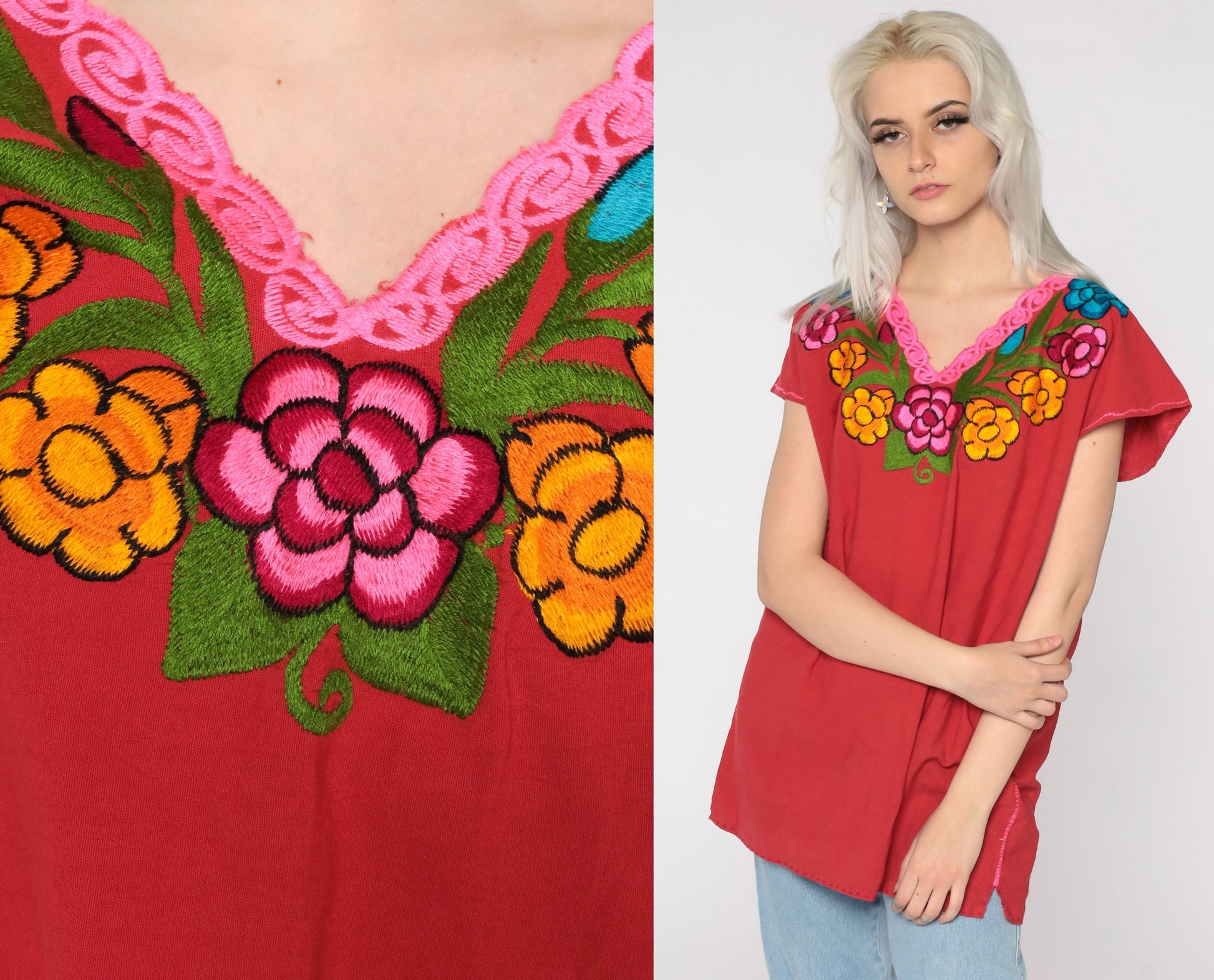 80s Red Embroidered Mexican Cotton Tunic Blouse Floral Short Sleeve Large