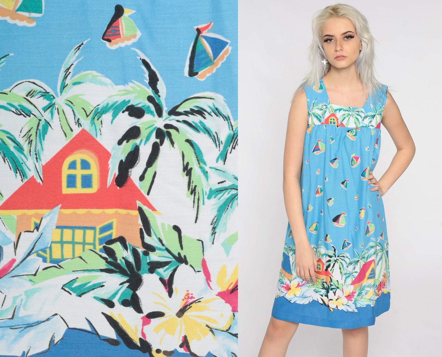 80s Sailboat Tropical Print Trapeze Dress Sleeveless Mini Cotton Small