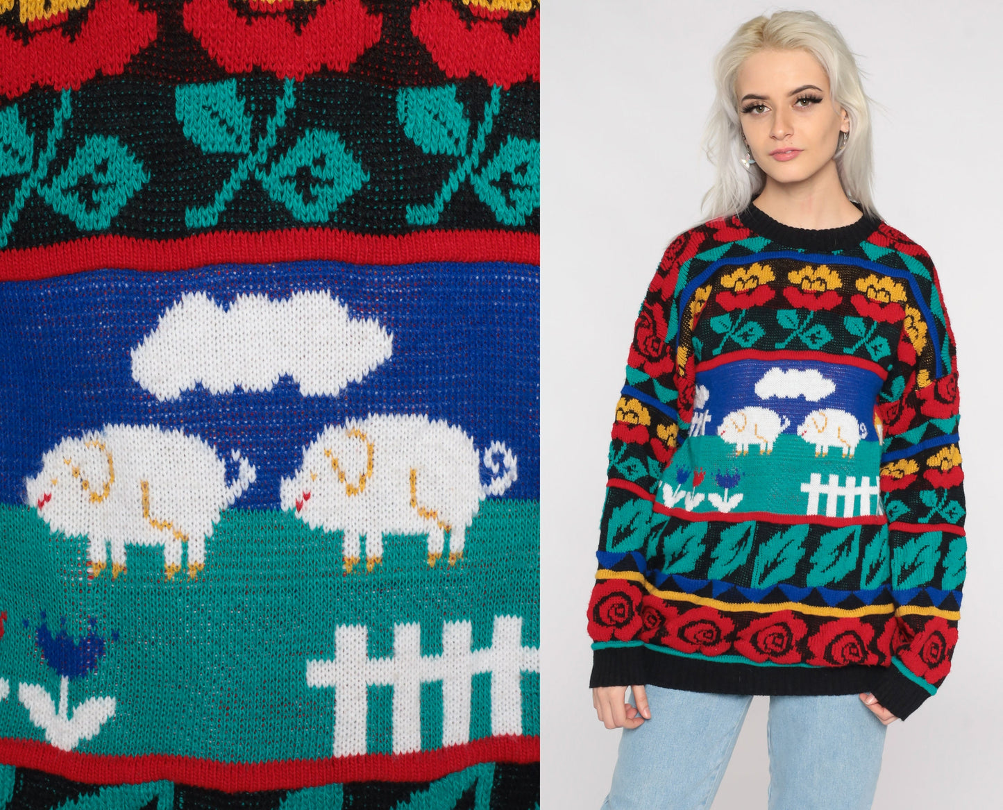 80s Pig Print Sweater Novelty Farm Animal Knit Pullover Rose Large L