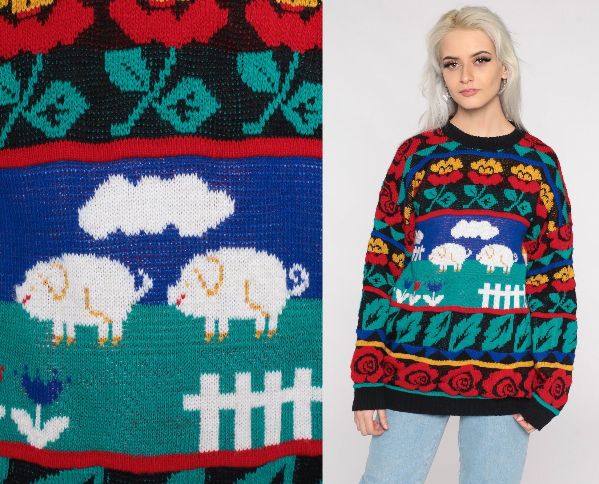 80s Pig Print Sweater Novelty Farm Animal Knit Pullover Rose Large L