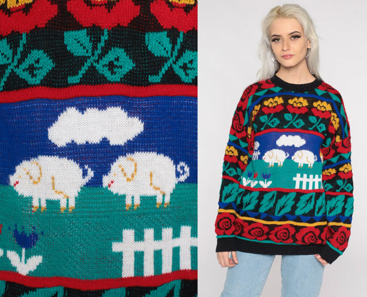 80s Pig Print Sweater Novelty Farm Animal Knit Pullover Rose Large L