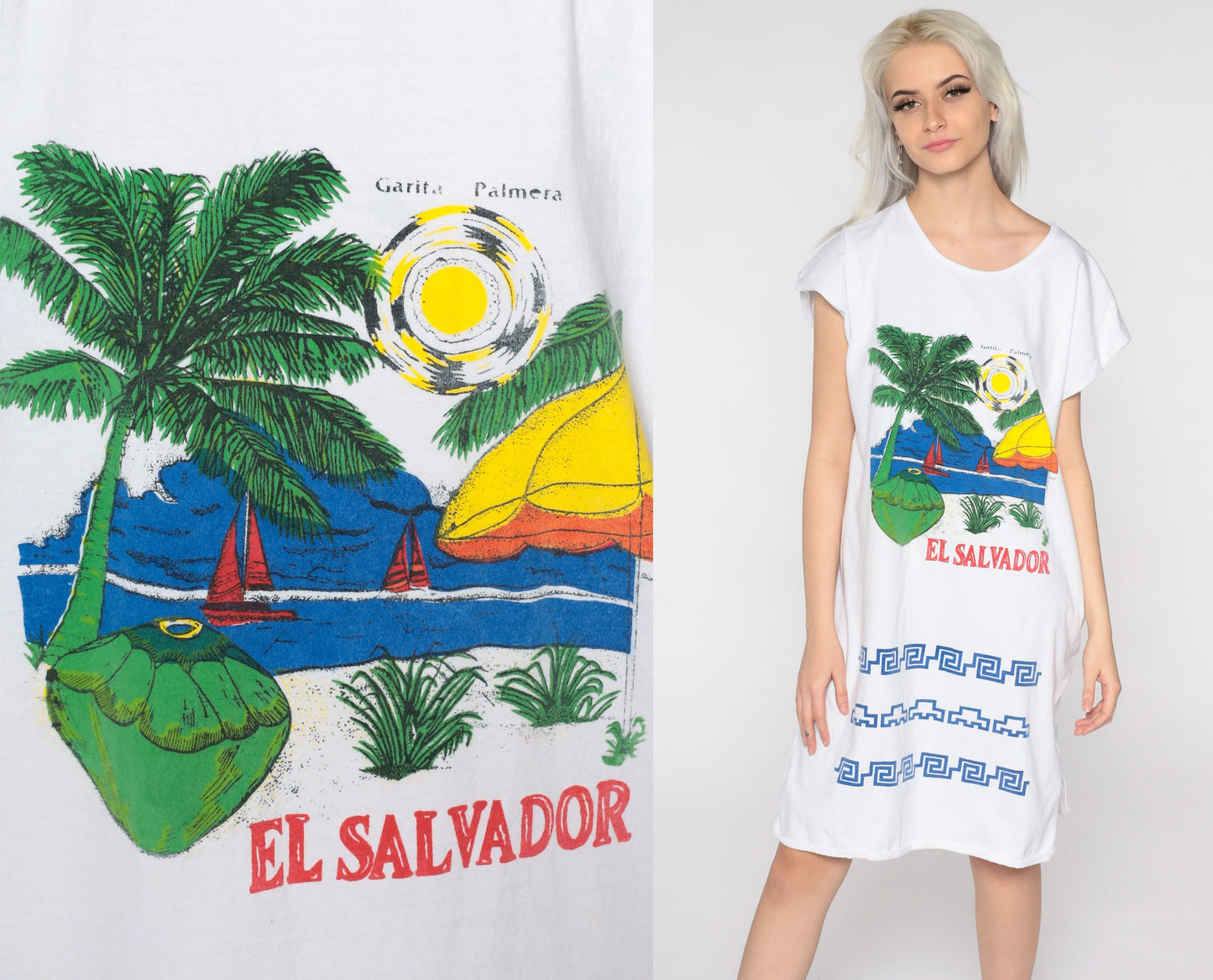 80s El Salvador Tropical Palm Tree Graphic T-Shirt Dress Cotton Medium Large