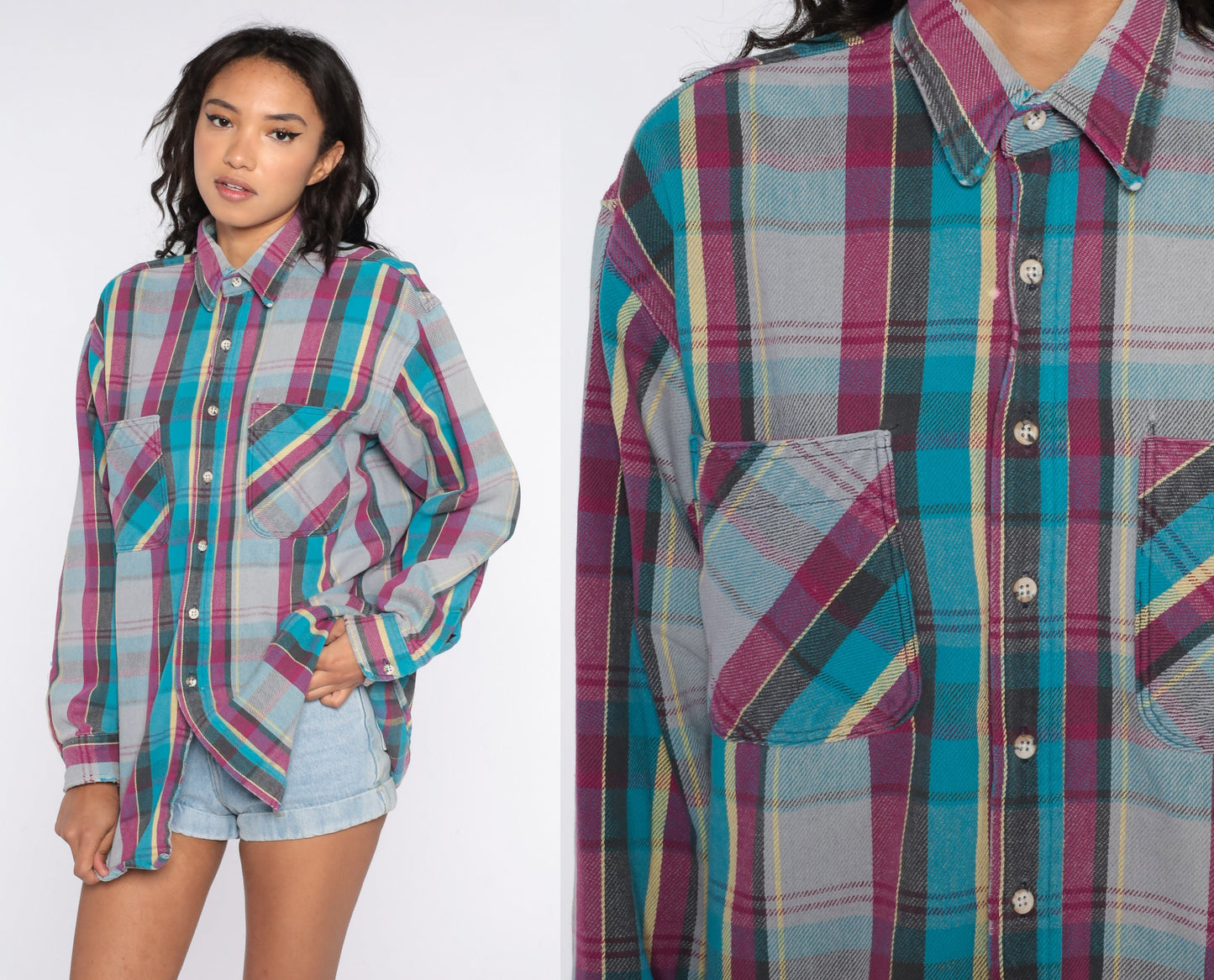90s Blue Plaid Flannel Shirt Cotton Button-Up Long Sleeve Extra Large