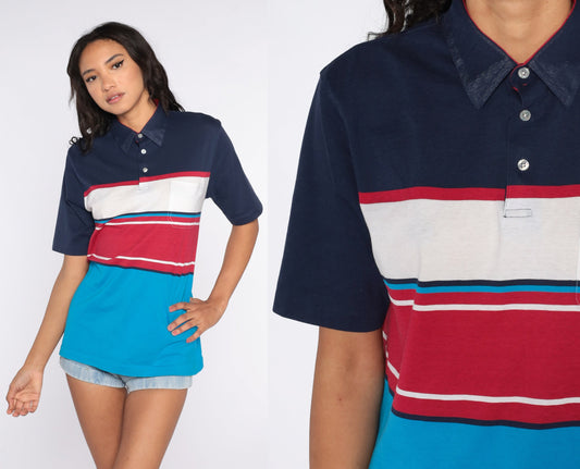 80s Tournament by Arrow Striped Polo Shirt Navy Turquoise Red Medium