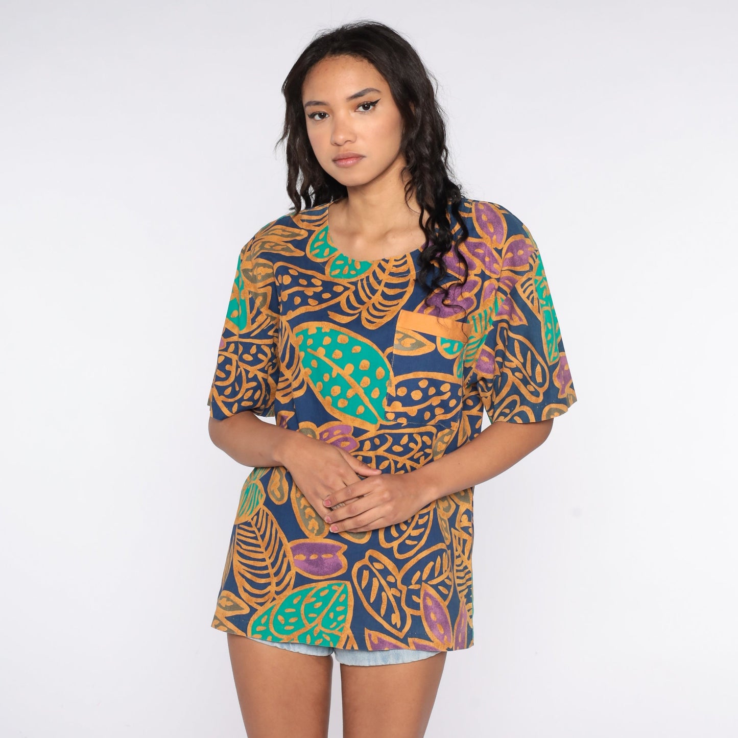 90s Tropical Leaf Graphic T-Shirt Jungle Print Vintage Surfer Tee Large L