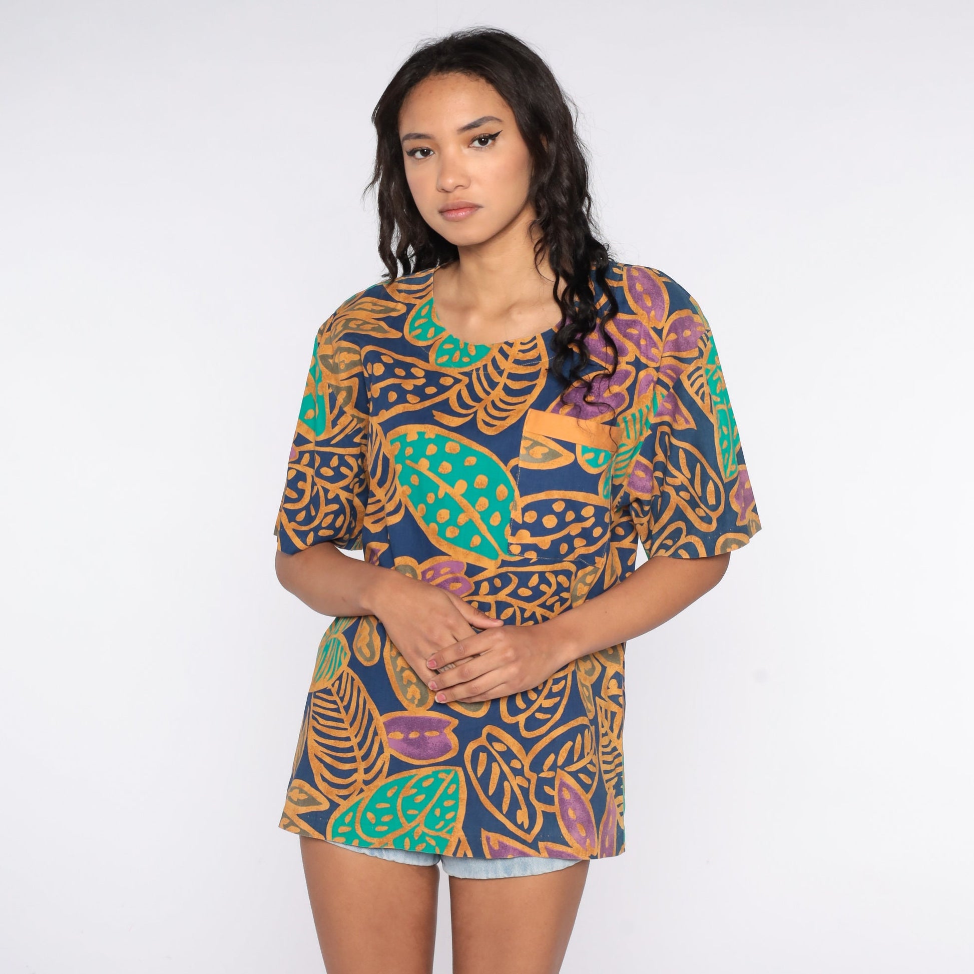 90s Tropical Leaf Graphic T-Shirt Jungle Print Vintage Surfer Tee Large L