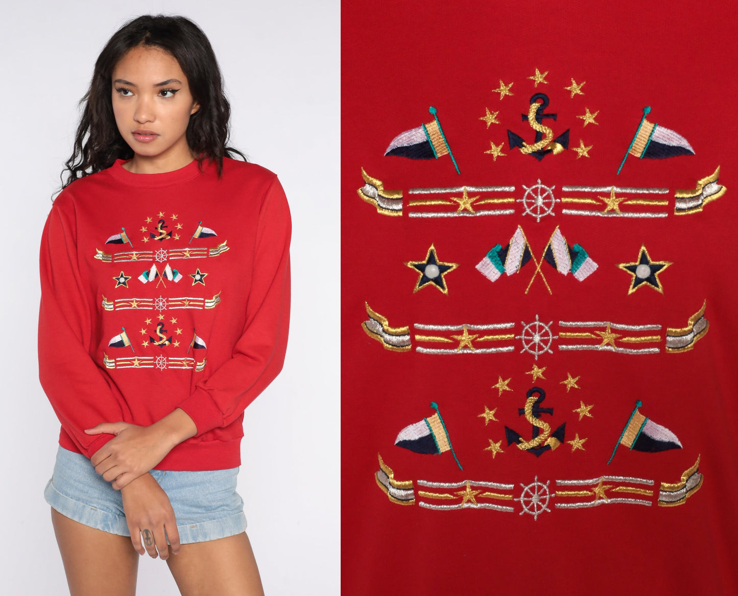80s Sailor Anchor Nautical Flag Sweatshirt Red Graphic Crewneck Small