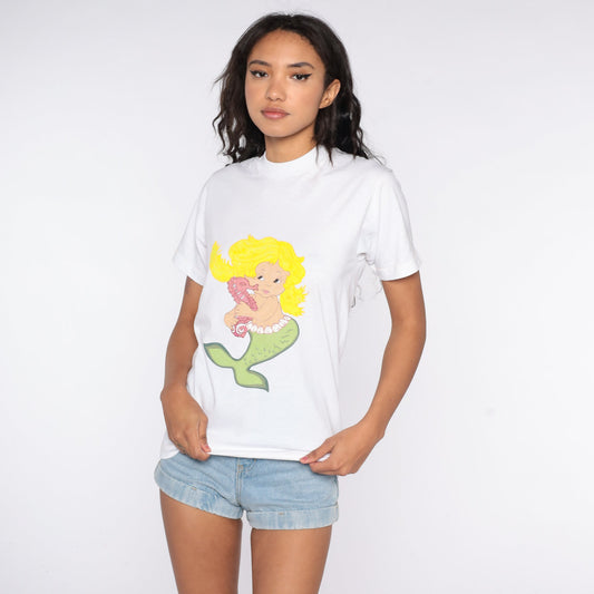 80s Screen Stars Mermaid Graphic T-Shirt Cotton Single Stitch Small
