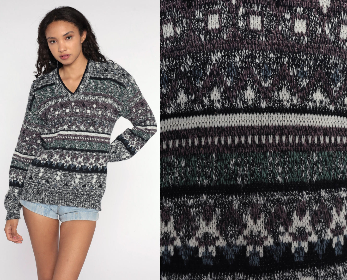 80s Geometric Flecked Grey Striped Knit Sweater V Neck Pullover Medium