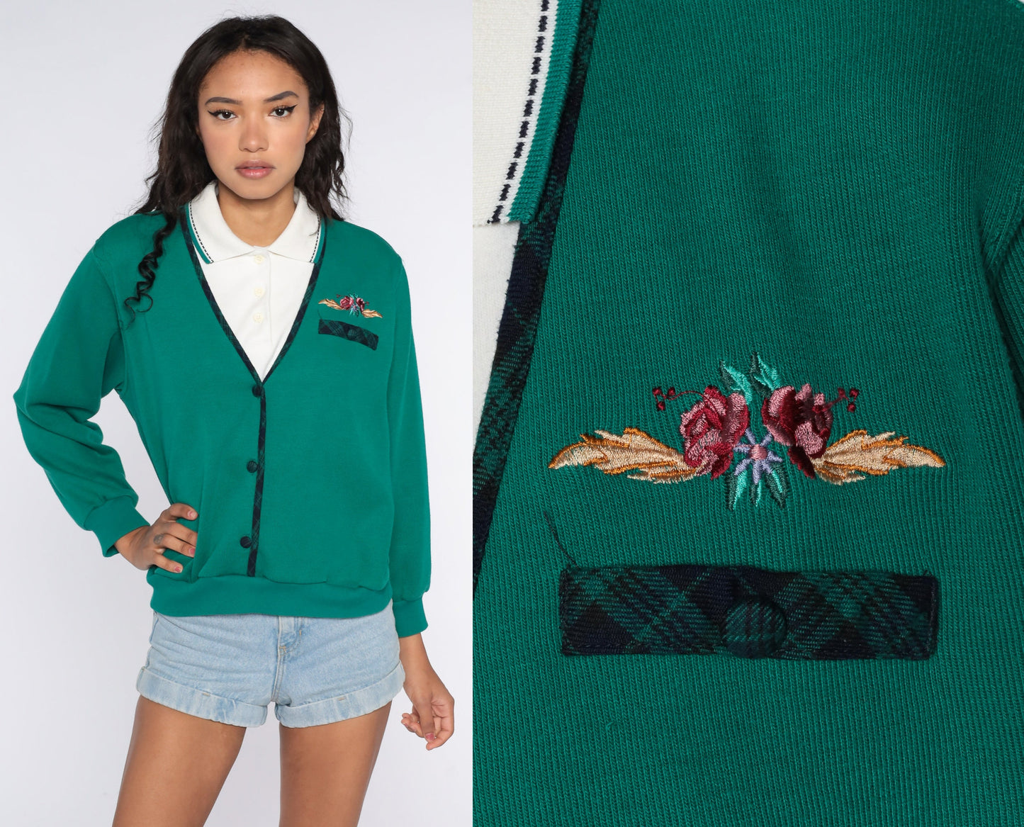 80s Floral Embroidered Sweatshirt Green Layered 2fer Pullover Large L
