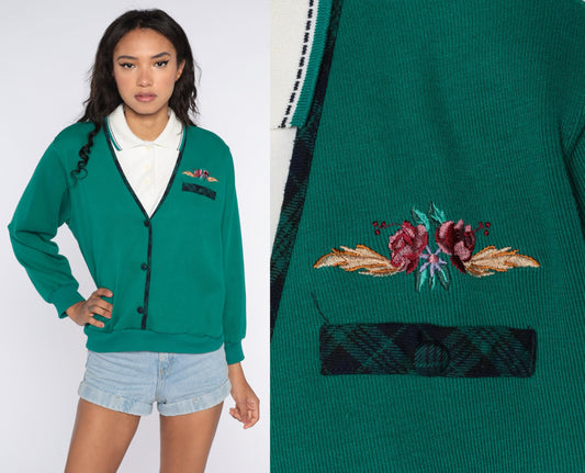 80s Floral Embroidered Sweatshirt Green Layered 2fer Pullover Large L