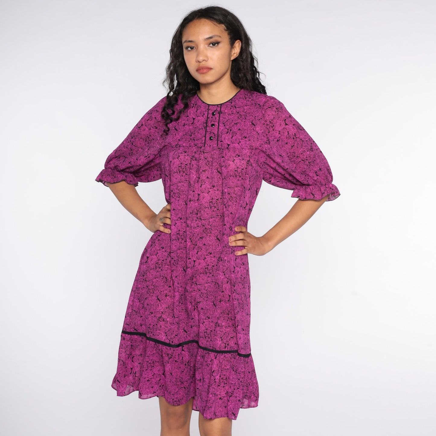 80s Purple Floral Tent Dress Half-Sleeve Trapeze Midi Small