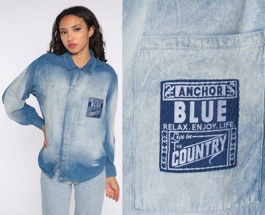 90s Anchor Blue Denim Pearl Snap Western Shirt Small