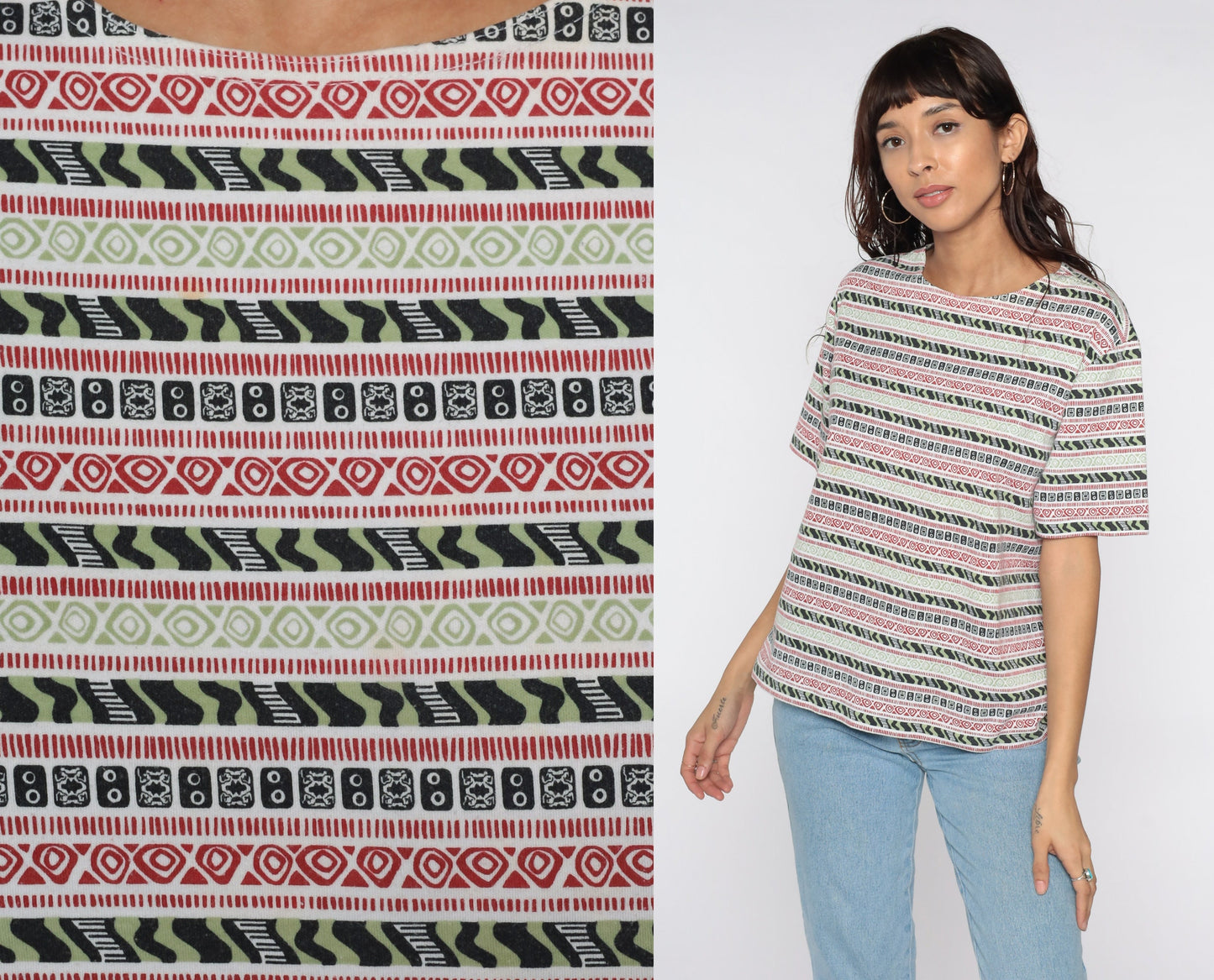 90s Cabin Creek Geometric Striped T-Shirt Grey Cotton Medium