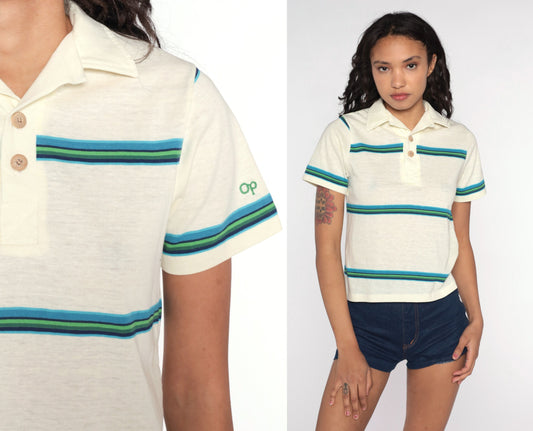 70s Ocean Pacific Striped Button-Up Shirt Cream Polo Small S