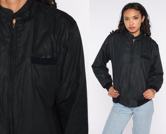 80s Black Bomber Jacket Epaulette Windbreaker Cafe Racer Small