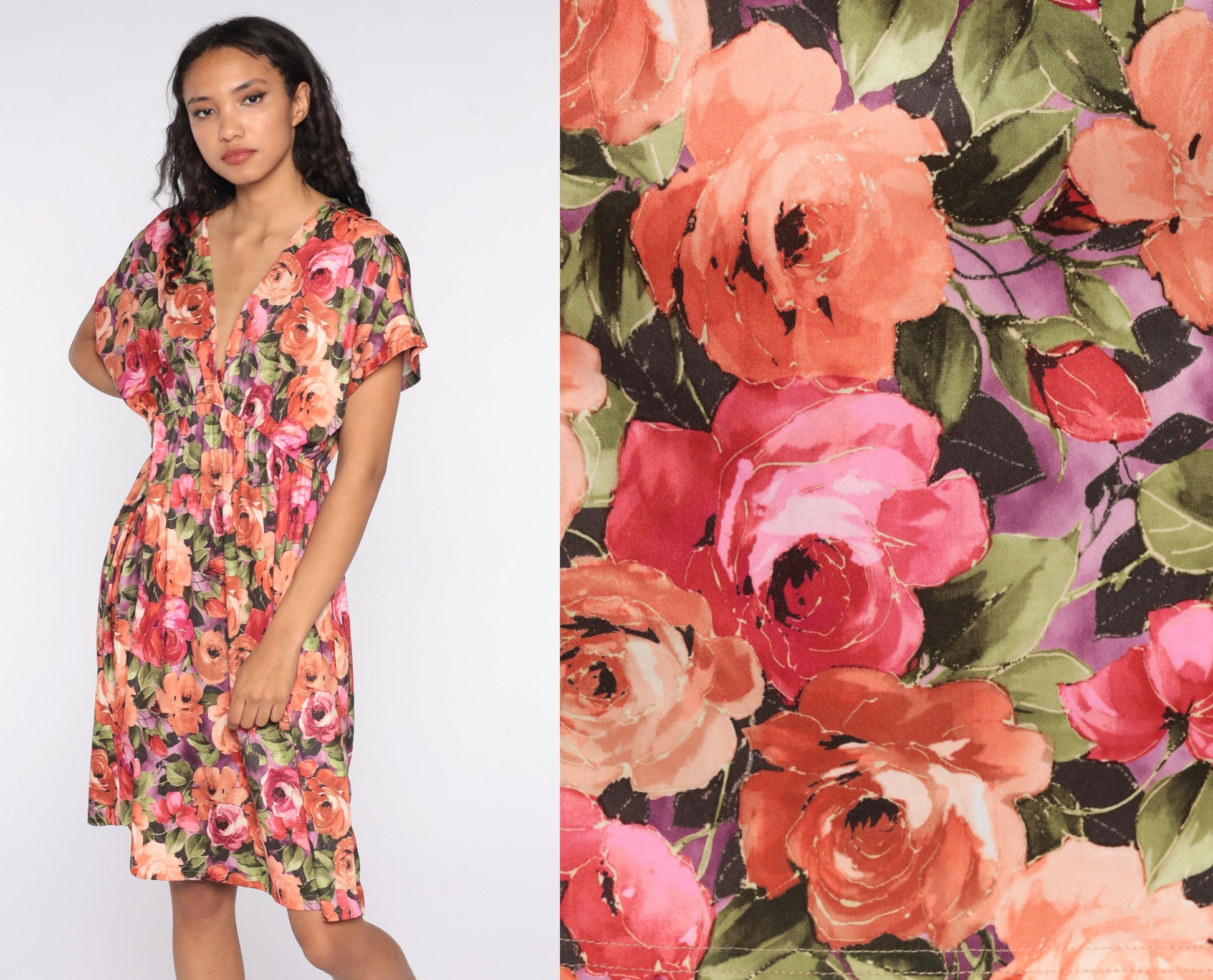 80s Floral Midi Dress Deep V Neck High Waist Short Sleeve Medium