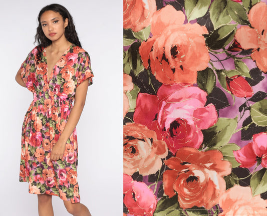 80s Floral Midi Dress Deep V Neck High Waist Short Sleeve Medium