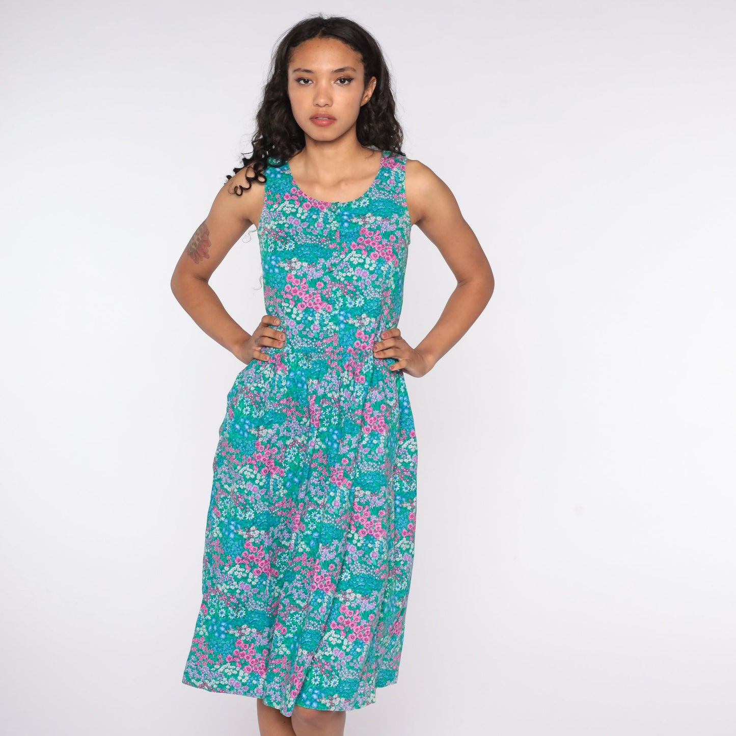 90s Kathy Sunada Floral Jumper Dress Green Midi Button Front Small