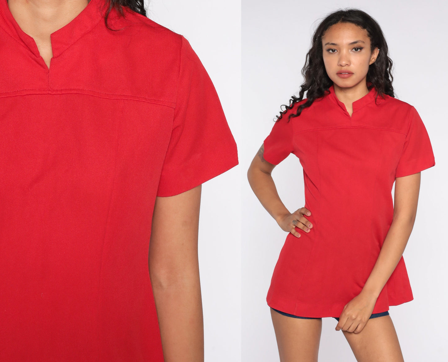 70s Red Mandarin Collar Shirt Polyester Short Sleeve Blouse Medium