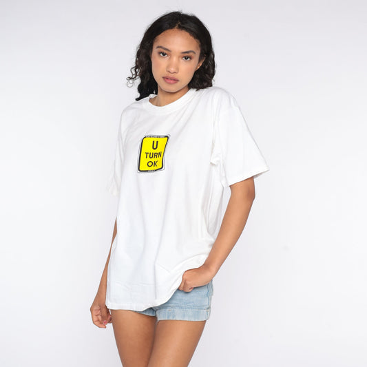 90s God Allows U-Turns Graphic T-Shirt White Cotton Large L