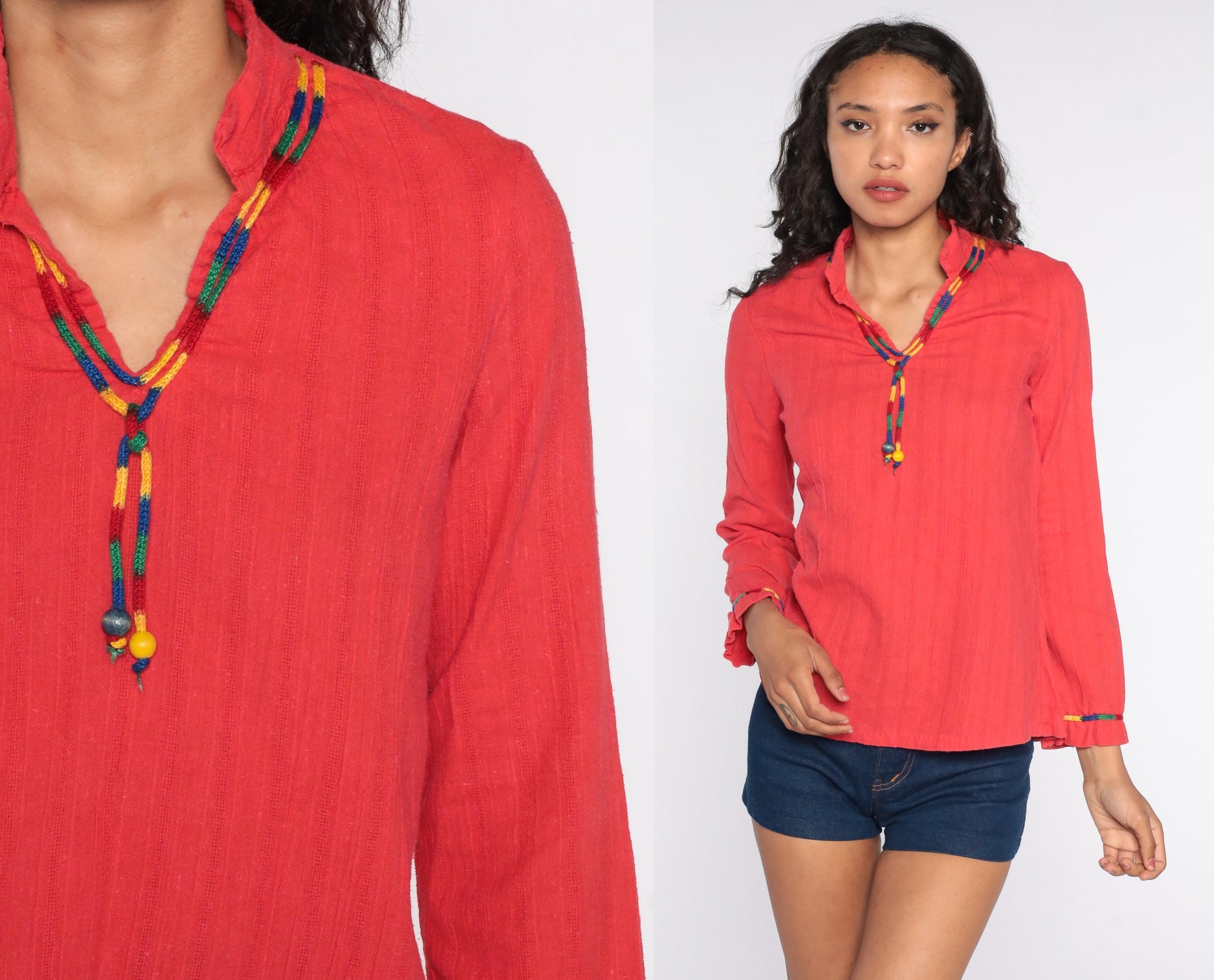 70s Red Cotton Tunic Top V-Neck Long Sleeve Vintage Blouse Small