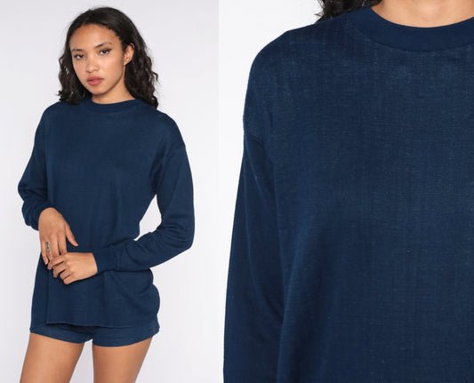 80s Navy Thermal Knit Long Sleeve Shirt Extra Large XL