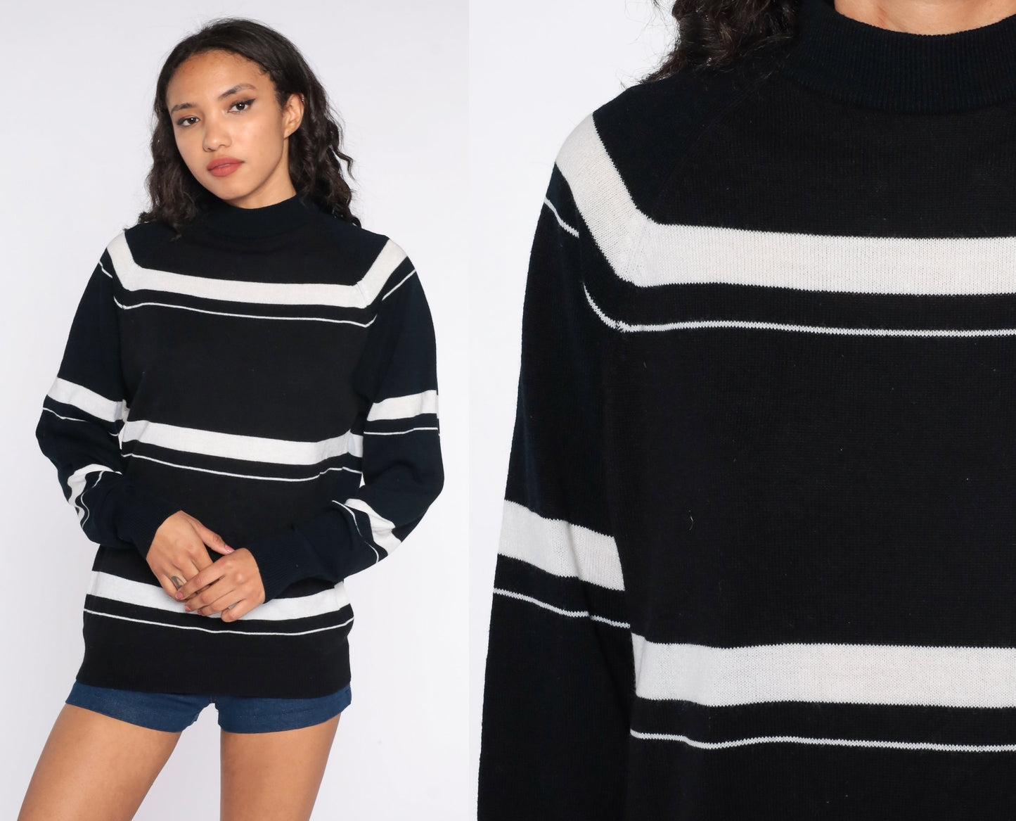 70s Black Striped Knit Sweater Mock Neck Pullover Large