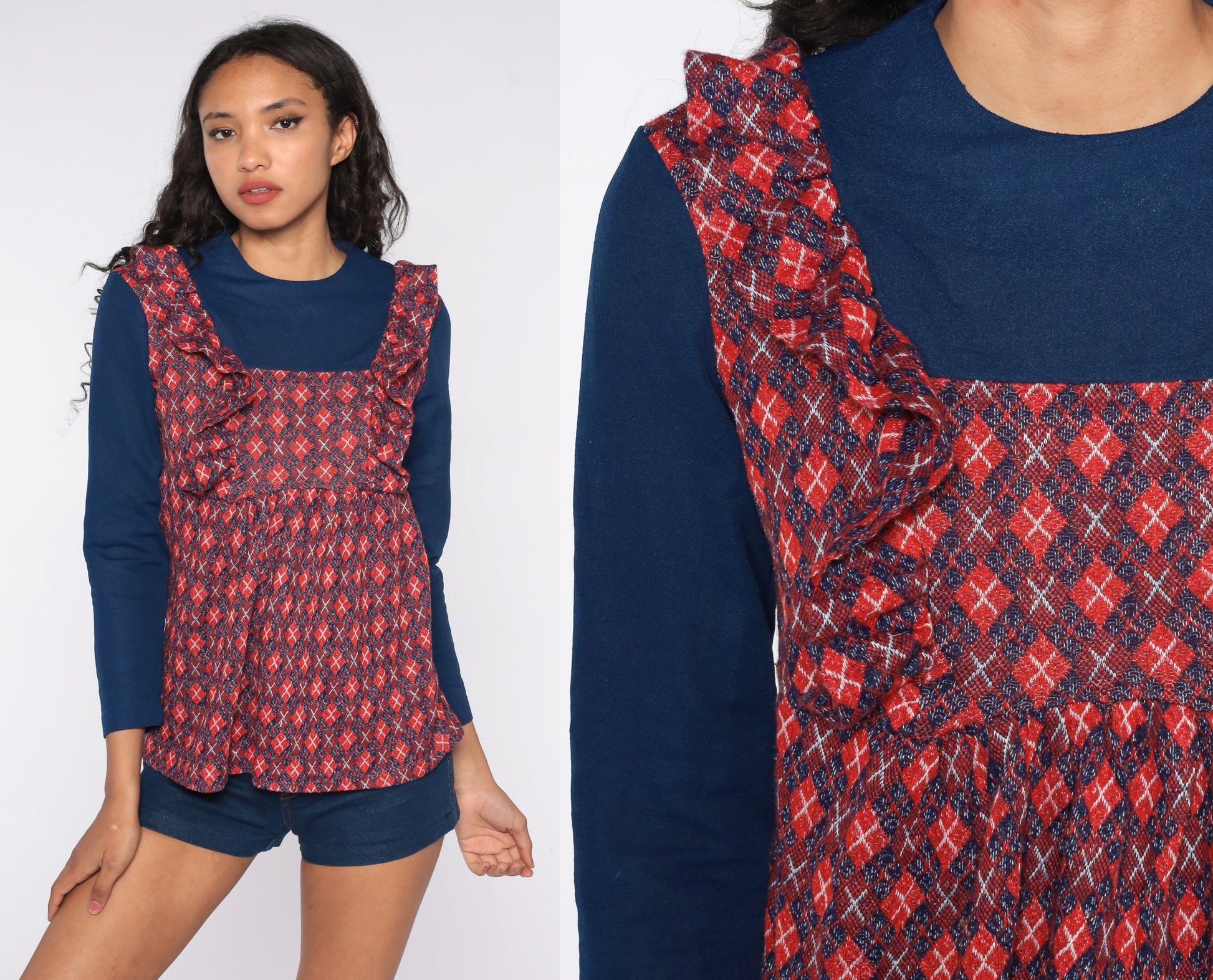 70s Plaid Babydoll Top Ruffled Long Sleeve Checkered Tunic Blue Red Medium