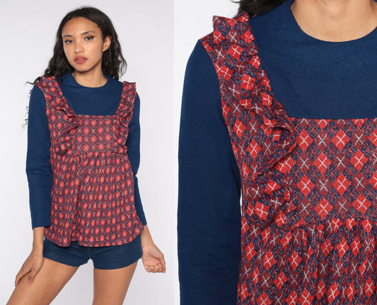 70s Plaid Babydoll Top Ruffled Long Sleeve Checkered Tunic Blue Red Medium