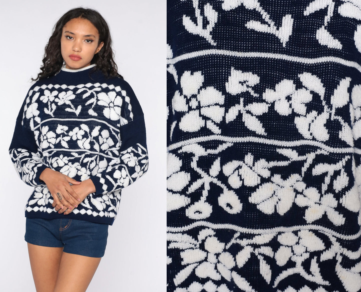80s Floral Mock Neck Sweater Navy Blue Pullover Large