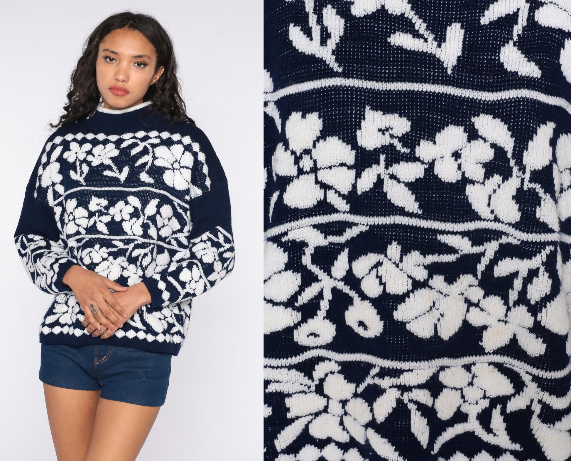 80s Floral Mock Neck Sweater Navy Blue Pullover Large