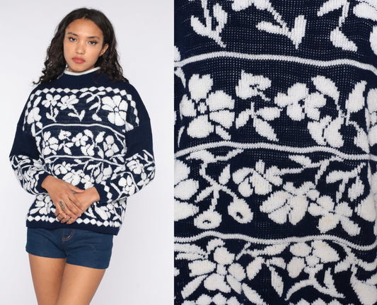 80s Floral Mock Neck Sweater Navy Blue Pullover Large