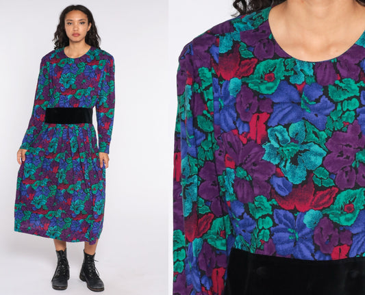80s Floral Midi Dress High Waist Long Sleeve Pleated Print Medium